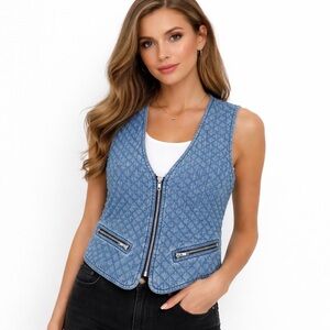 Tickets Vintage Quilted Denim Vest Blue Acid Wash Womens Size S